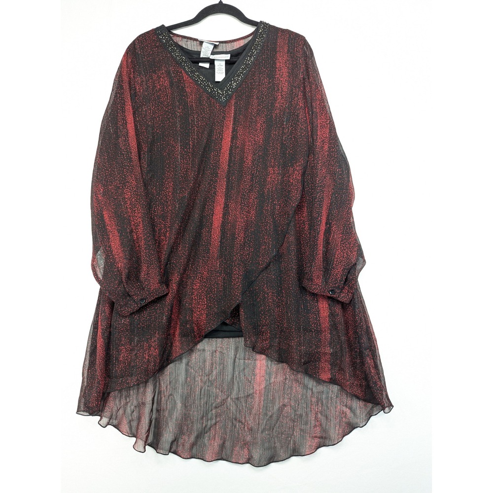 Catherines Red Black Metallic‎ Beaded High Low Tunic Top Plus Size 0X 14/16W